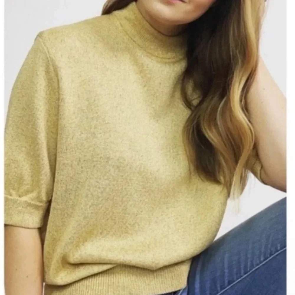 St. John Basics Top Gold Knit Metallic Mock Neck Shirt Size Small
